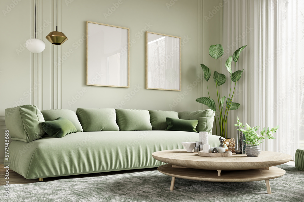 Green sofa in modern living room. Contemporary interior design of room ...