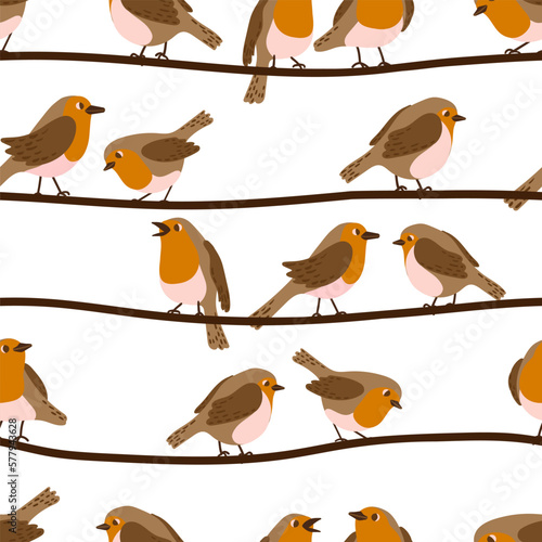 Flock of robin birds on power lines vector seamless pattern. Group of city urban birds sitting on electrical energy wires, telephone cables texture.