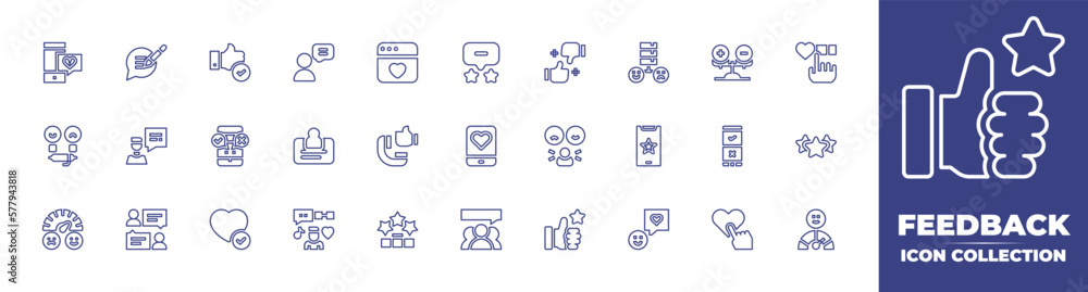 Feedback line icon collection. Editable stroke. Vector illustration. Containing feedback, customer question, good feedback, good review, love, reaction, review, survey, stars, meter, and more.