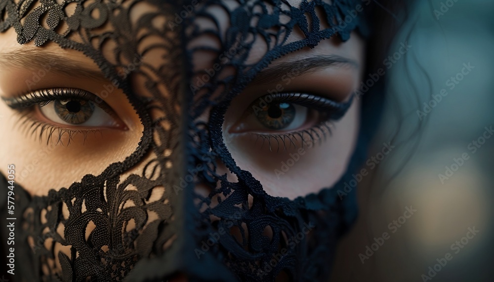 The Beauty of the Eyes: A Close-Up of a Black Lace Mask on a Woman, generative ai