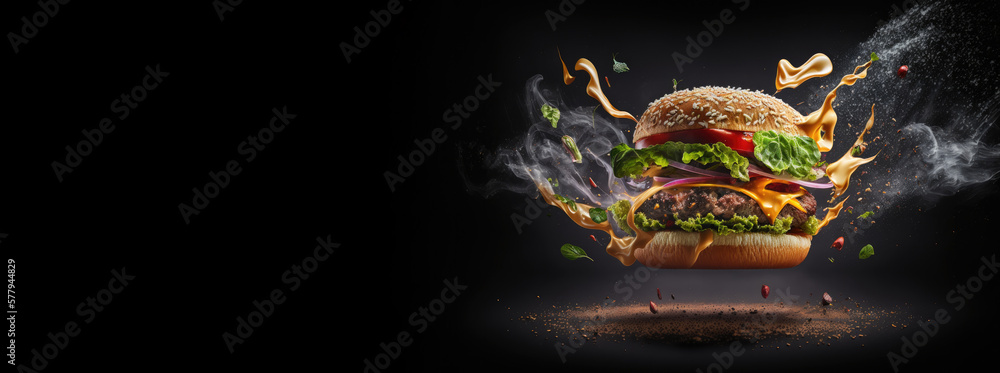 Banner delicious hamburger with flying ingredients. Ai generative.