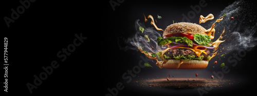 Banner delicious hamburger with flying ingredients. Ai generative.