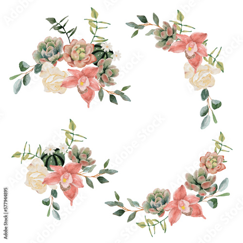 watercolor succulent and flower bouquet wreath frame