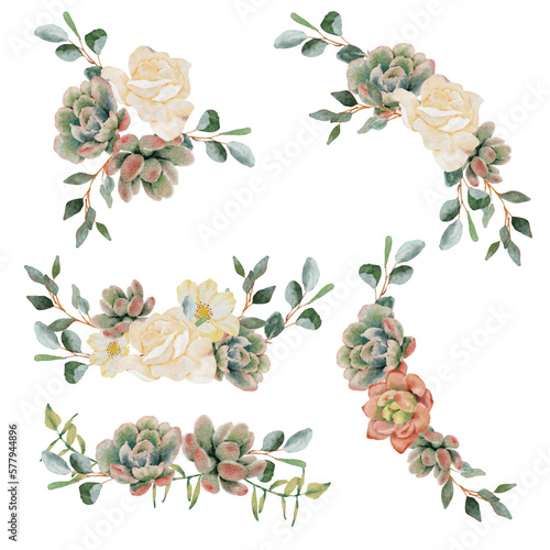 watercolor succulent and flower bouquet wreath frame