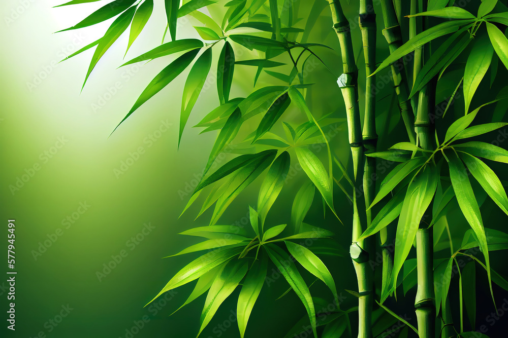 Fototapeta premium Green bamboo background fresh leaves on tree as nature ecology and environment concept. Generative Ai