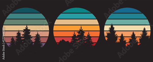70s style striped sunsets retro background set collection. Abstract sunrise logos with forest landscape. Vector illustration