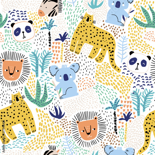 Seamless childish jungle pattern with funny animals, hand drawn and tropical florals. Perfect for fabric,textile. Creative Vector background