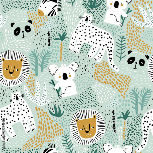 Seamless childish jungle pattern with funny animals, hand drawn and tropical florals. Perfect for fabric,textile. Creative Vector background
