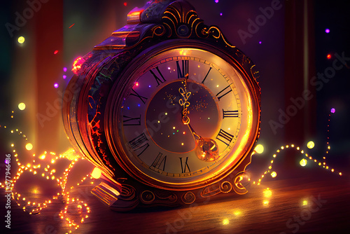 Amazing New Year's at midnight - Old clock and holiday lights. Generative Ai