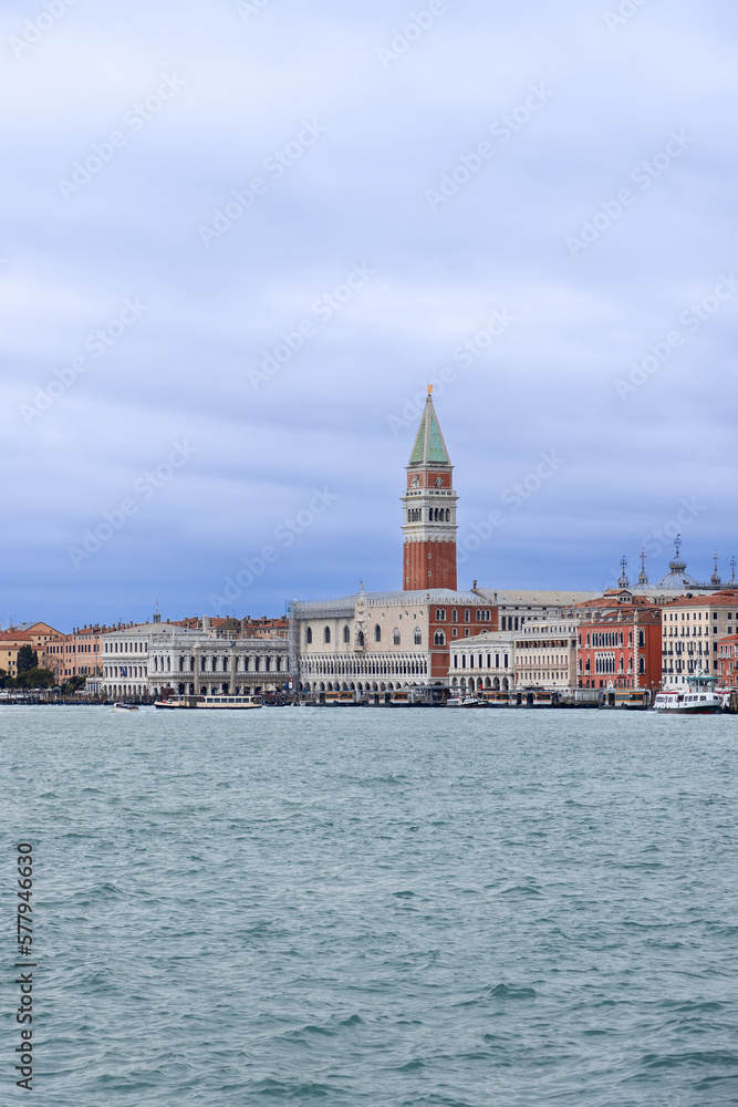 Panoramic view from the water on Piazza San Marco in Venice city (vertical photo)