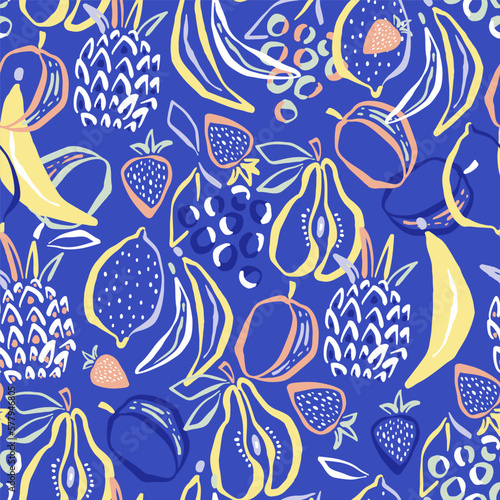 Seamless summer pattern with hand drawn fruits. Modern fruit background. Vector illustration