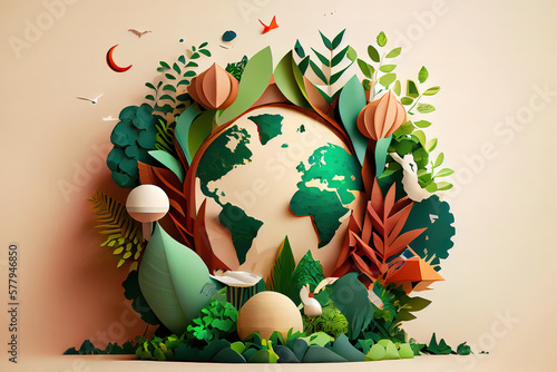 World environment and earth day concept with globe and eco friendly enviroment-paper art. Generative Ai