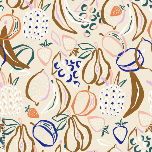 Seamless summer pattern with hand drawn fruits. Modern fruit background. Vector illustration