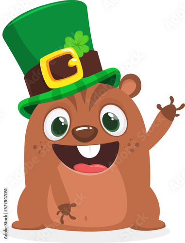 Cartoon happy groundhog or chipmunk character wearing st patrick's hat with a clover. Vector illustration for Saint Patrick's Day. Party poster design.