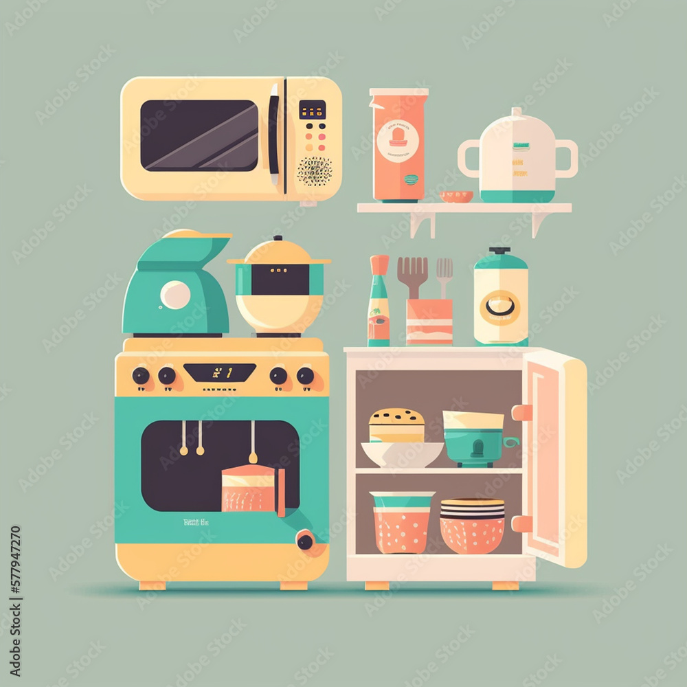 Flat style, illustration, vector, icon, simple, design for kitchen furniture, Generative AI