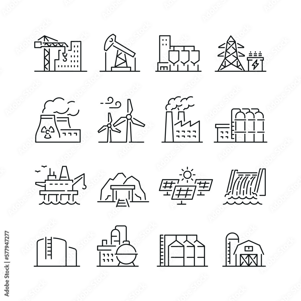 Industrial buildings related icons: thin vector icon set, black and white kit - obrazy, fototapety, plakaty 