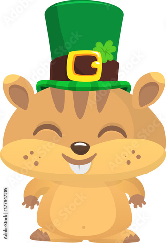 Cartoon happy hamster character wearing st patrick's hat with a clover. Vector illustration for Saint Patrick's Day. Party poster design.