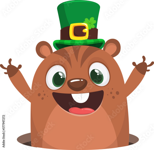 Cartoon happy groundhog or chipmunk character wearing st patrick's hat with a clover. Vector illustration for Saint Patrick's Day. Party poster design.