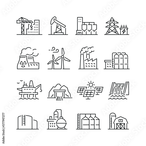 Fotografie, Tablou Industrial buildings related icons: thin vector icon set, black and white kit