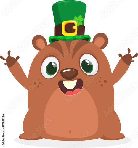 Cartoon happy groundhog or chipmunk character wearing st patrick's hat with a clover. Vector illustration for Saint Patrick's Day. Party poster design.