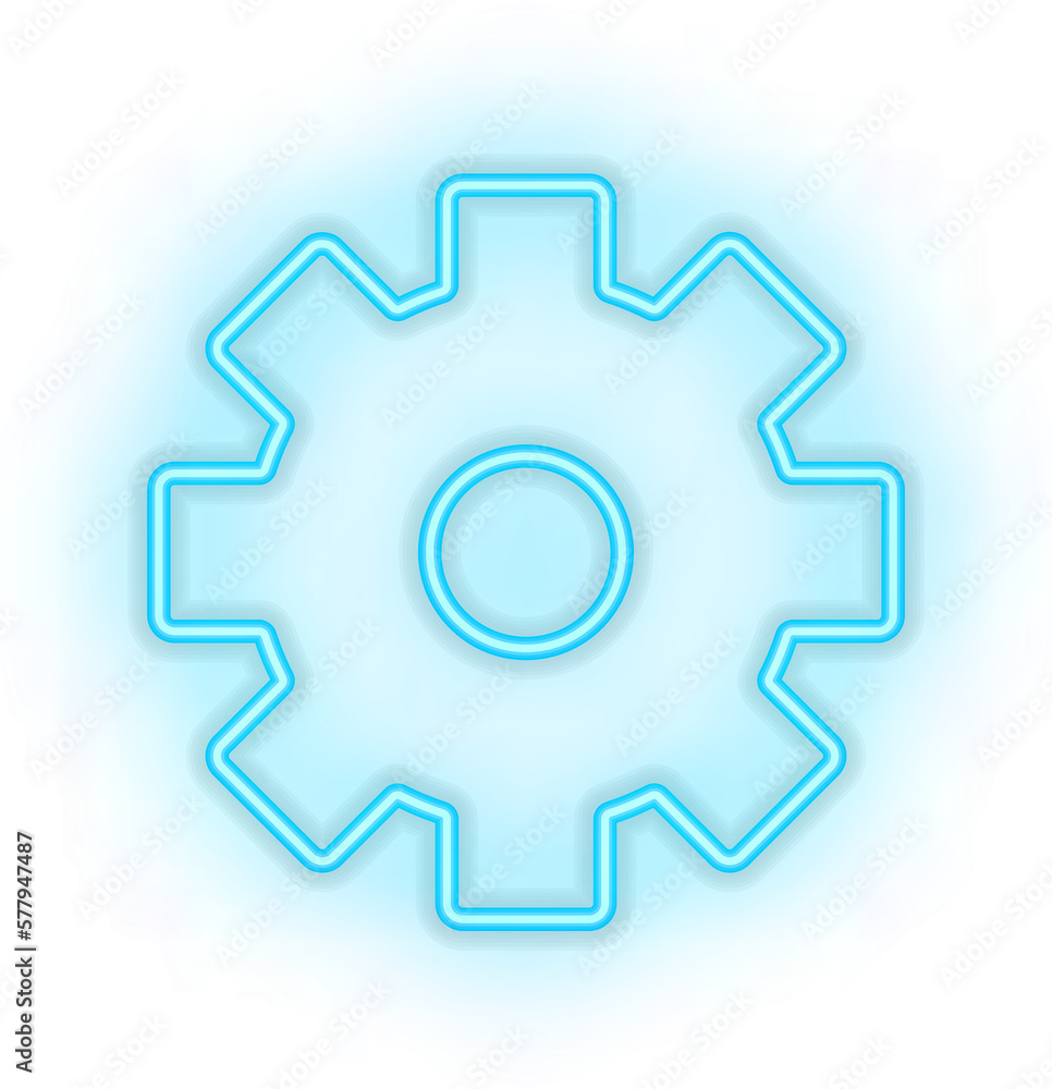 Blue illuminated neon light icon sign gear wheel setting Blue illuminated neon light icon sign gear wheel setting