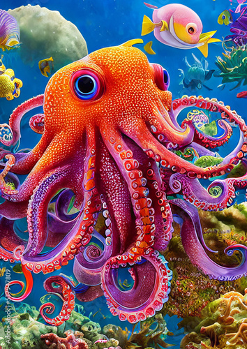An octopus swims on a coral reef under the deep sea.
