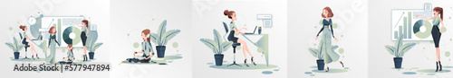 women working in the office, illustration set, Set of business woman, office worker character (ID: 577947894)