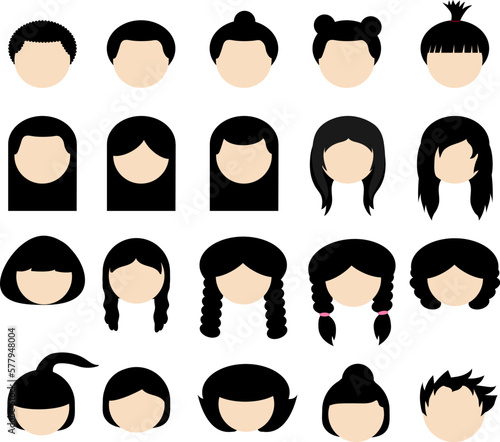 Set of 30 Vector hairs styles. collection of 30 hair styles. With a variety of styles to choose from, including curly, straight, short, long, and more, this set is ideal for add  visual interest
