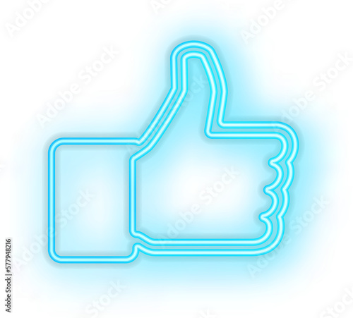 Blue illuminated neon light icon sign like thumb up