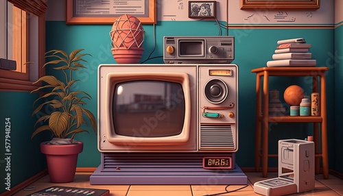 90s style detalied, retro design room background. AI. photo