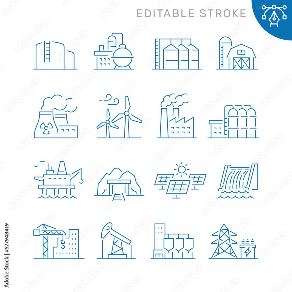 Industrial buildings related icons. Editable stroke. Thin vector icon set