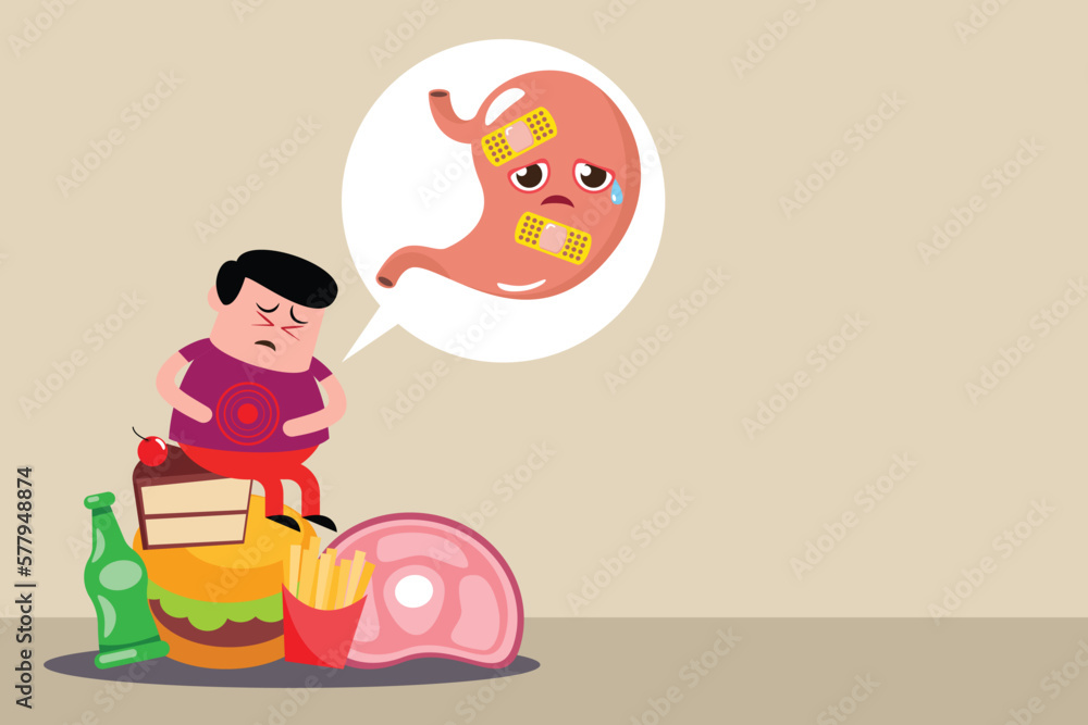 stomach vector, illustration flat cartoon character negative unhealthy hurt from eat over junk food, gastritis, hungry, stomachache, pain, sick, diarrhea, ache, constipation concept.