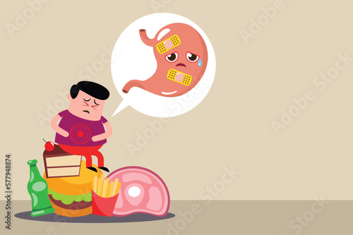 Obraz na płótnie stomach vector, illustration flat cartoon character negative unhealthy hurt from eat over junk food, gastritis, hungry, stomachache, pain, sick, diarrhea, ache, constipation concept. w salonie