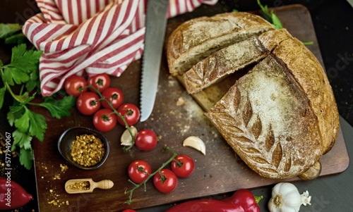 Fresh baked bread on the table - still life. photo