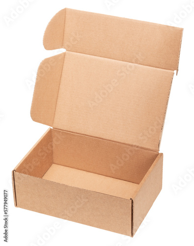 Open empty foldable corrugated postal box isolated on white background