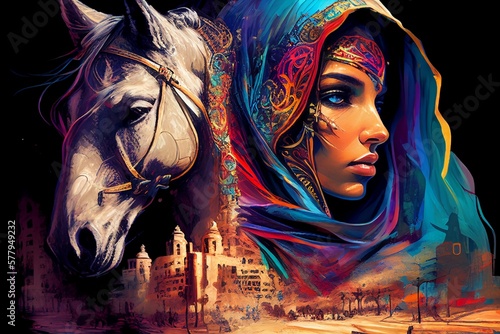 Fotografia Arabian Nights with Arabic Woman and Horse