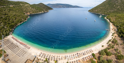 Aerial view of the Antisamos beach on Kefalonia island, Ionian island, Greece