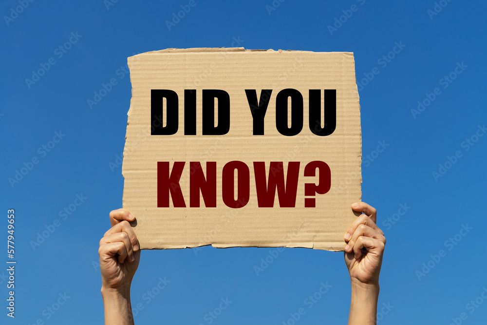 Did you know text on box paper held by 2 hands with isolated blue sky background. This message board can be used as business concept to ask audience did you know. Did you know text on box paper held by 2 hands with isolated blue sky background. This message board can be used as business concept to ask audience did you know.
