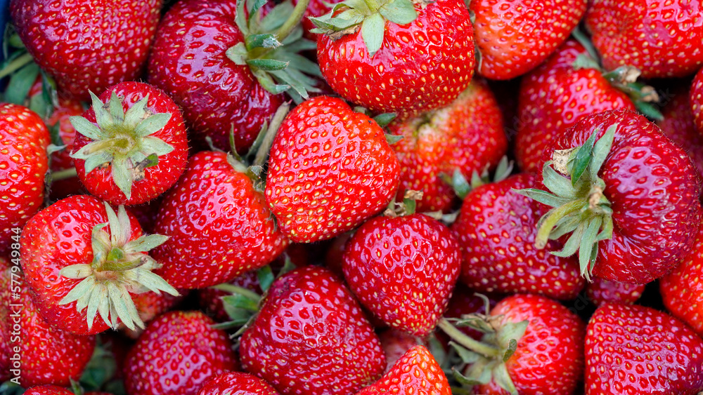 background from freshly harvested strawberries, directly above background from freshly harvested strawberries, directly above