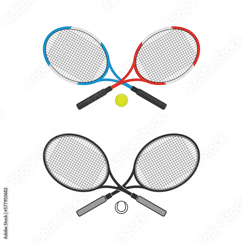 Two crossed racket and tennis ball illustration in modern flat style. Tennis club logo isolated vector.