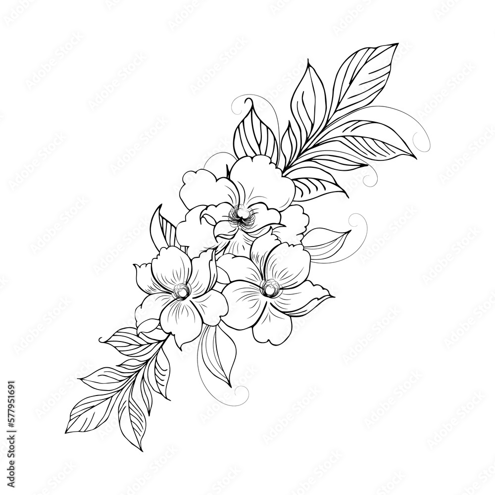 Fototapeta premium A beautiful blooming branch, richly decorated with flowers, buds, and leaves. Hand drawing.