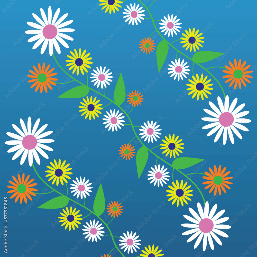 floral background with colorful daisies and leaves on a blue background. Vector illustration