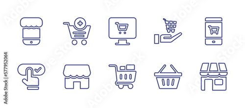Online shopping line icon set. Editable stroke. Vector illustration. Containing online shopping, add to cart, booking, store, shopping cart, shopping basket. © Huticon