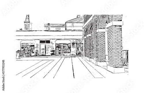 Building view with landmark of Portsmouth is the 
city in England. Hand drawn sketch illustration in vector.