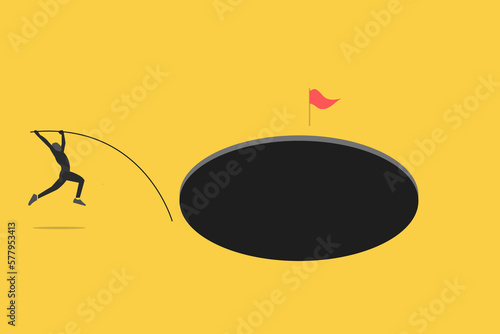 Pole jump across the hole to reach the target. concept of success, solution, challenge, opportunity and goal. Minimal Eps10 illustration.