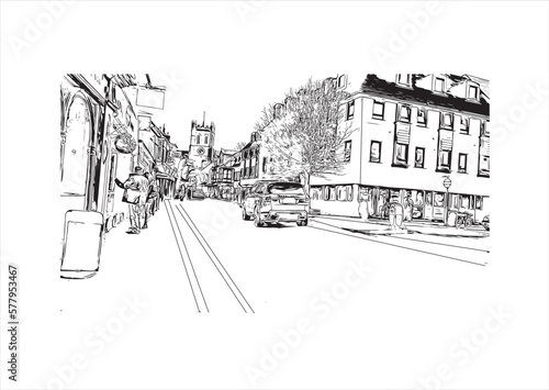 Building view with landmark of Portsmouth is the 
city in England. Hand drawn sketch illustration in vector.