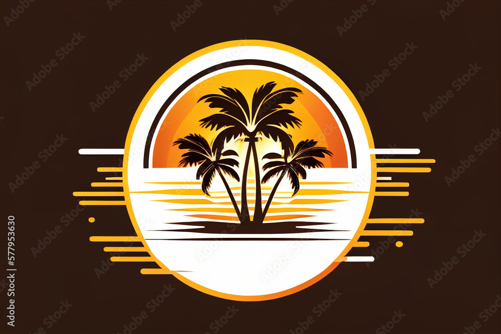 Palms beach logo design illustration. Sunset on Beach with Palm Tree, vacation holiday logo. Miami beach logo. Palm tree on a beach on sunset, Ai Generated Illustration.