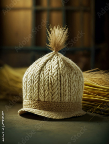 Beanie hat made of straw. AI-Generated