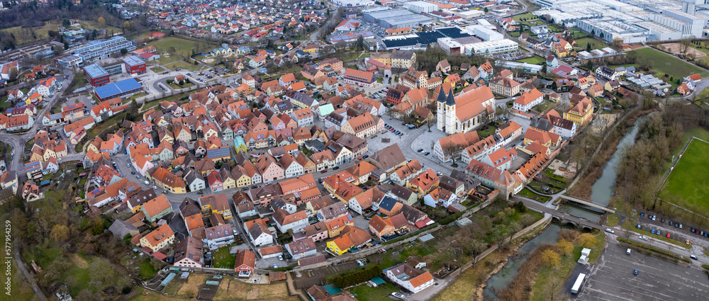 Aerial view aroound the village Herrieden in Germany on a cloudy day in late winter