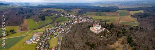 Aerial view of the village and castle Baldern in Germanyon a sunny day in late winter